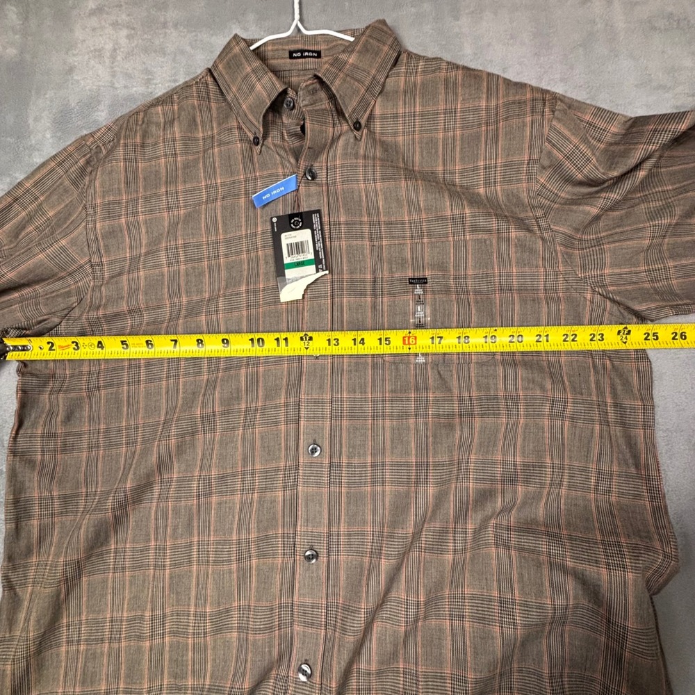 Van Heusen Mens Large Brown Plaid No Iron Long Sleeve Button Down Shirt - Picture 5 of 9